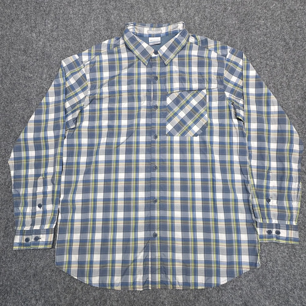 Columbia Insect‎ Blocker Shirt XL Blue Yellow Plaid Long Sleeve Button Down